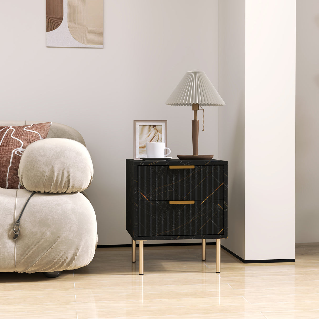 Wooden Bedside Cabinet 40cm Wide With 2 Drawers And Gold Handles Legs - Velmora
