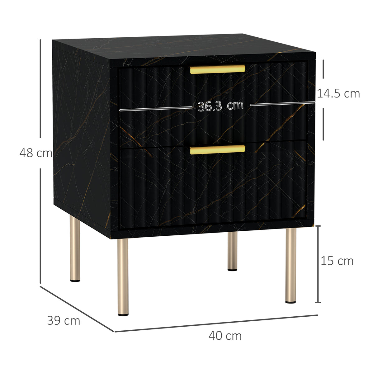 Wooden Bedside Cabinet 40cm Wide With 2 Drawers And Gold Handles Legs - Velmora