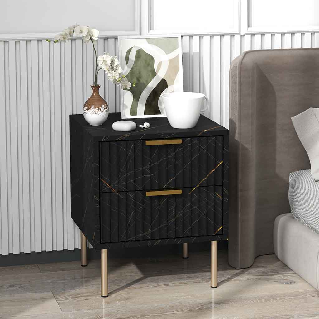 Wooden Bedside Cabinet 40cm Wide With 2 Drawers And Gold Handles Legs - Velmora