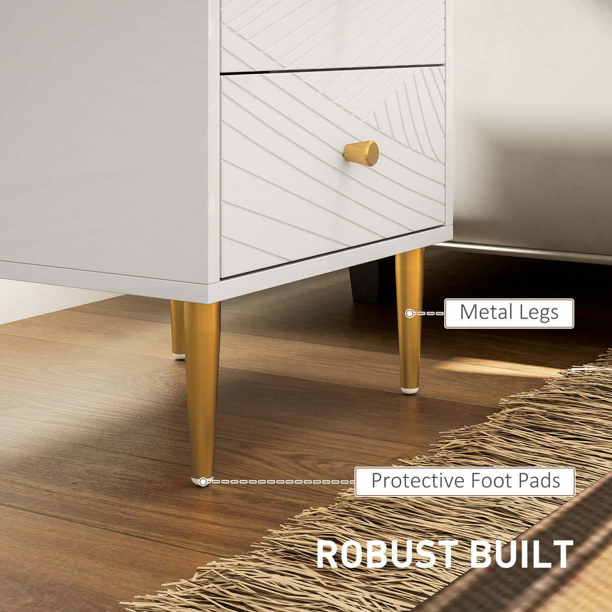 Wooden Bedside Cabinet 40cm Wide With 2 Drawers And Gold Legs - Velmora