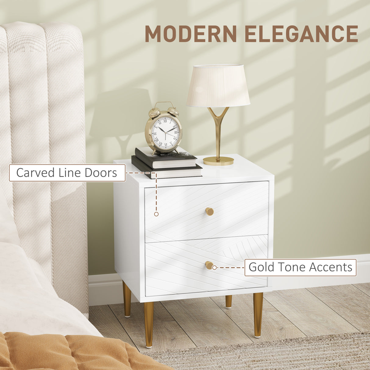 Wooden Bedside Cabinet 40cm Wide With 2 Drawers And Gold Legs - Velmora