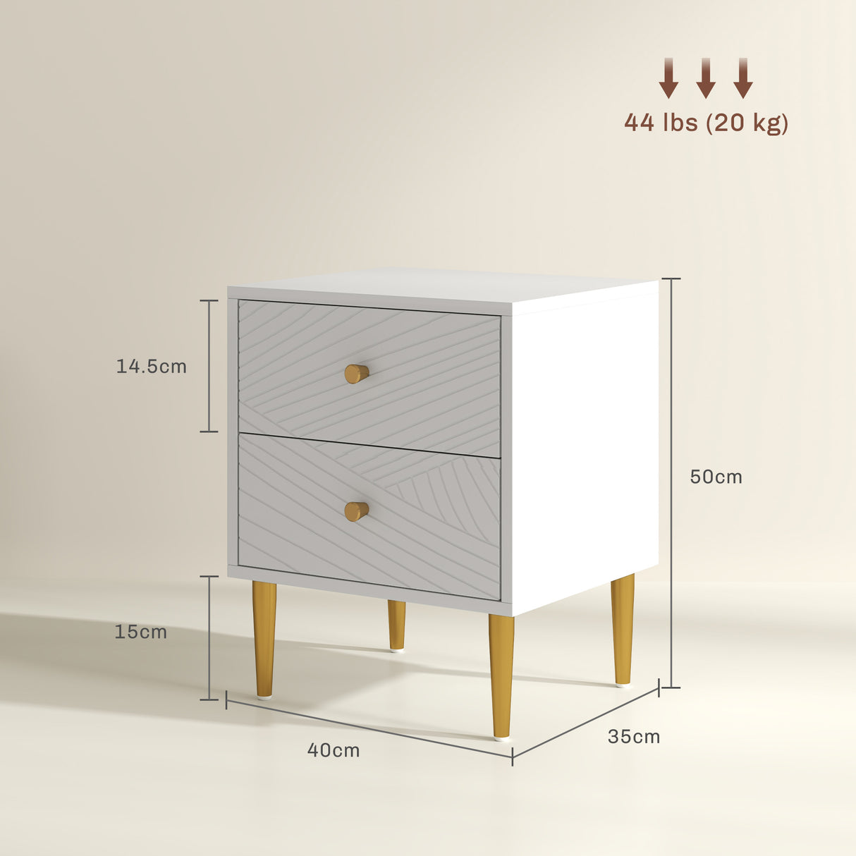Wooden Bedside Cabinet 40cm Wide With 2 Drawers And Gold Legs - Velmora