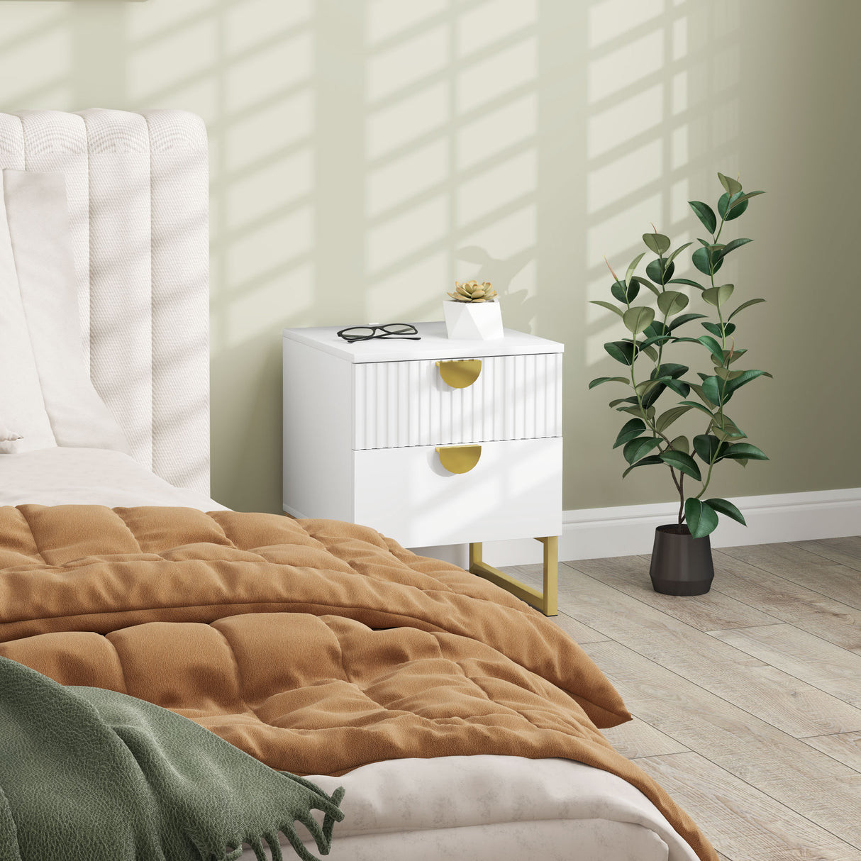 Wooden Bedside Cabinet 40cm Wide With 2 Drawers And Gold Metal Base - Velmora