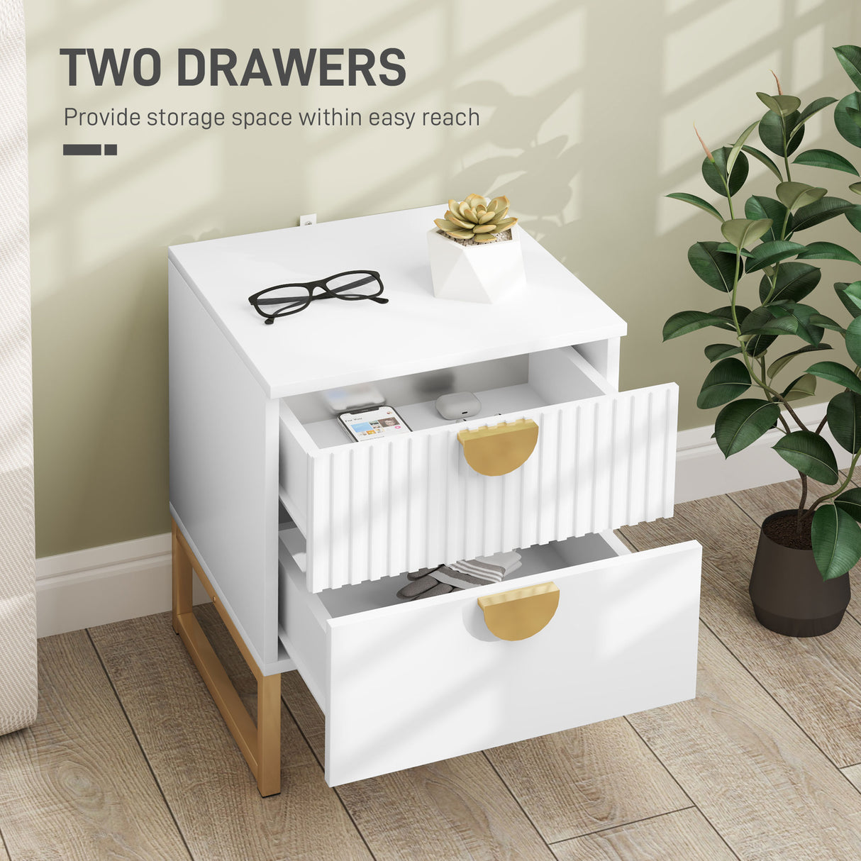 Wooden Bedside Cabinet 40cm Wide With 2 Drawers And Gold Metal Base - Velmora