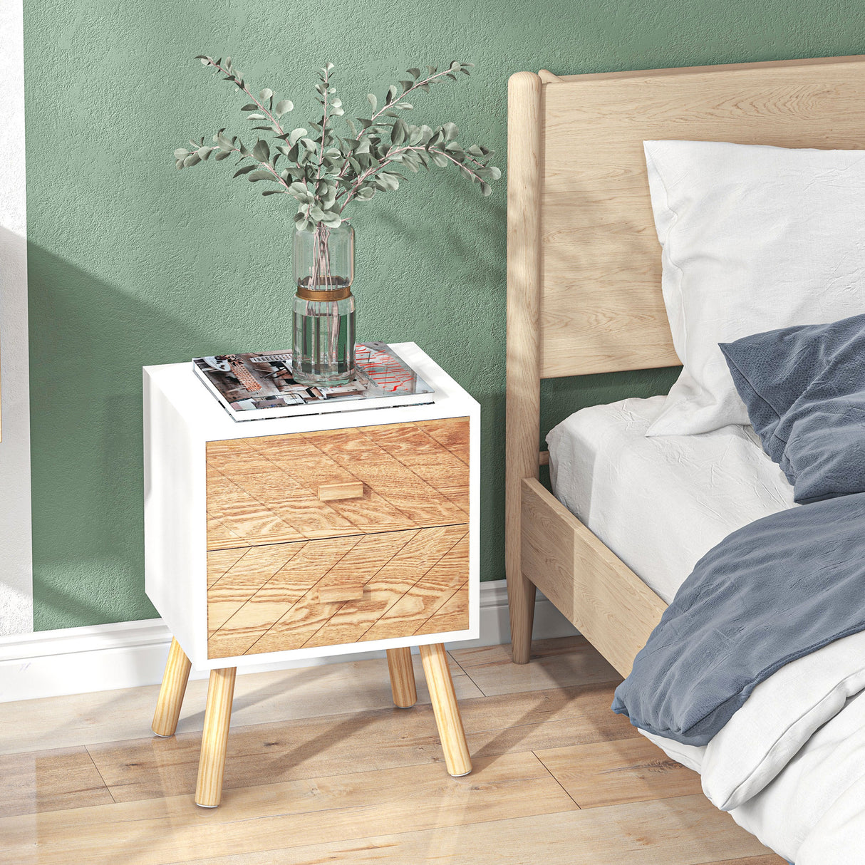 Wooden Bedside Cabinet 40cm Wide With 2 Drawers And Pine Legs in Set Of 2 - Velmora