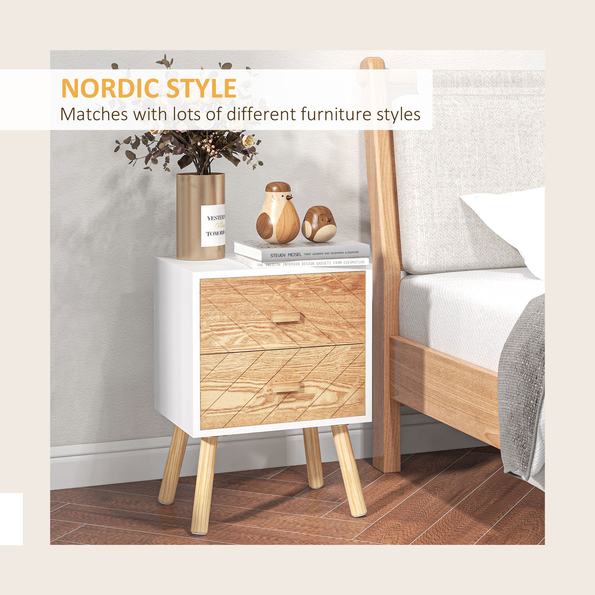 Wooden Bedside Cabinet 40cm Wide With 2 Drawers And Pine Legs in Set Of 2 - Velmora