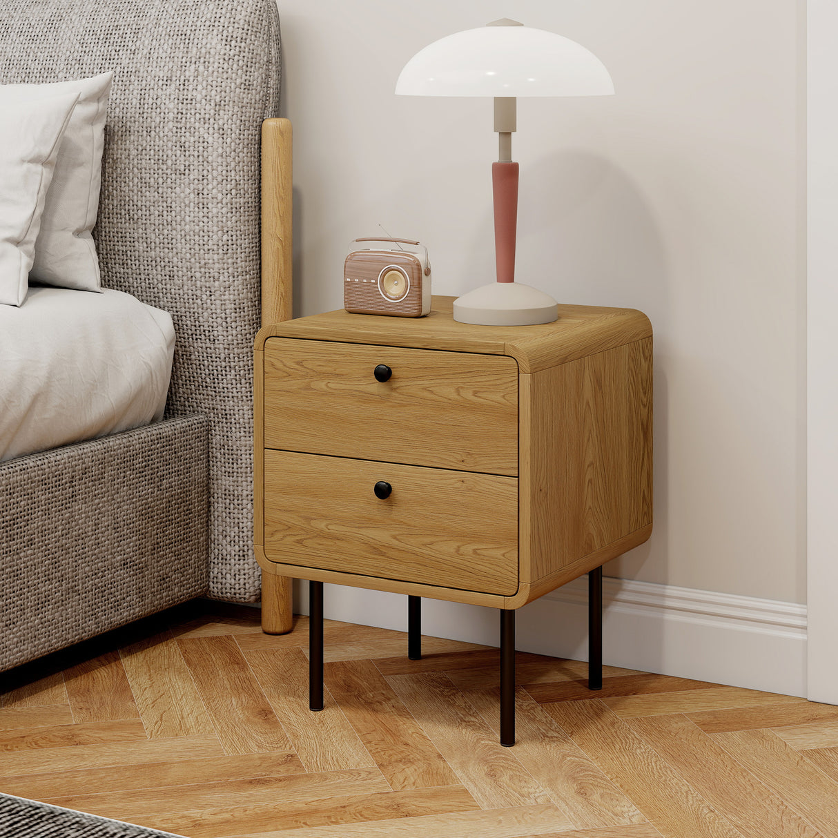 Wooden Bedside Cabinet 40cm Wide With 2 Drawers And Steel Legs - Velmora