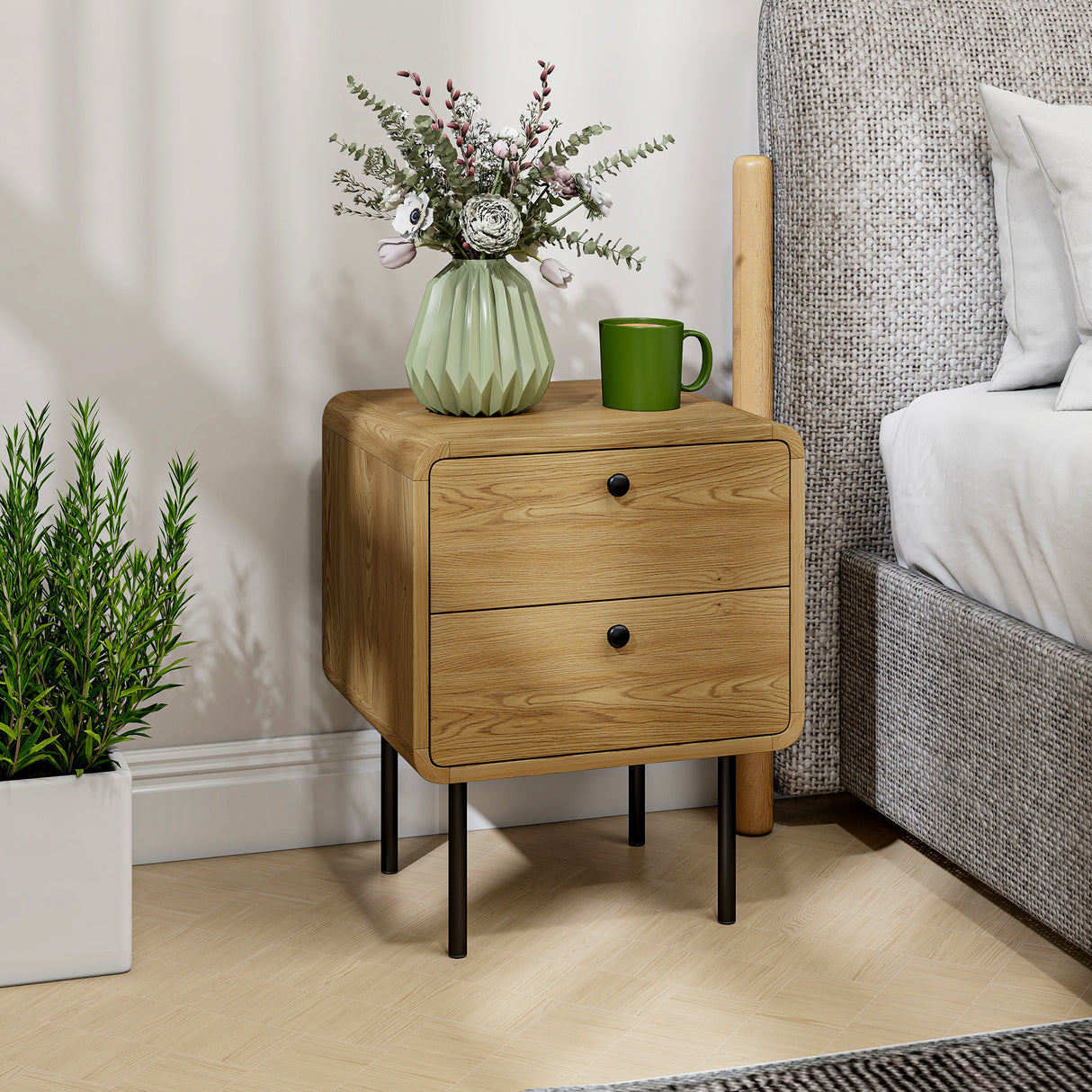 Wooden Bedside Cabinet 40cm Wide With 2 Drawers And Steel Legs - Velmora