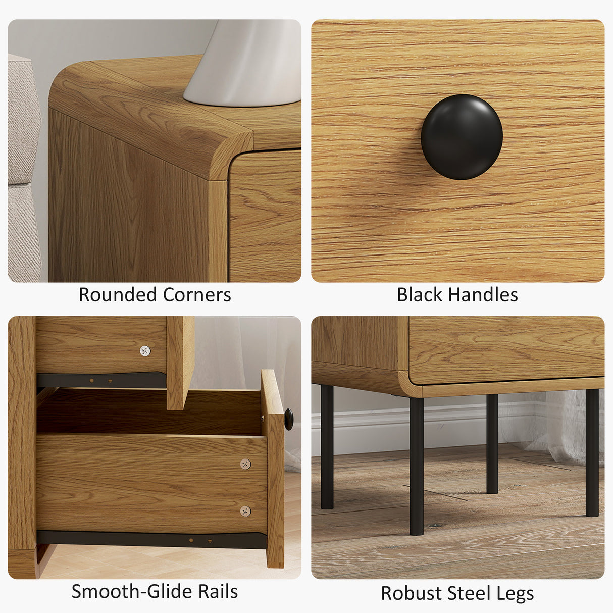 Wooden Bedside Cabinet 40cm Wide With 2 Drawers And Steel Legs - Velmora