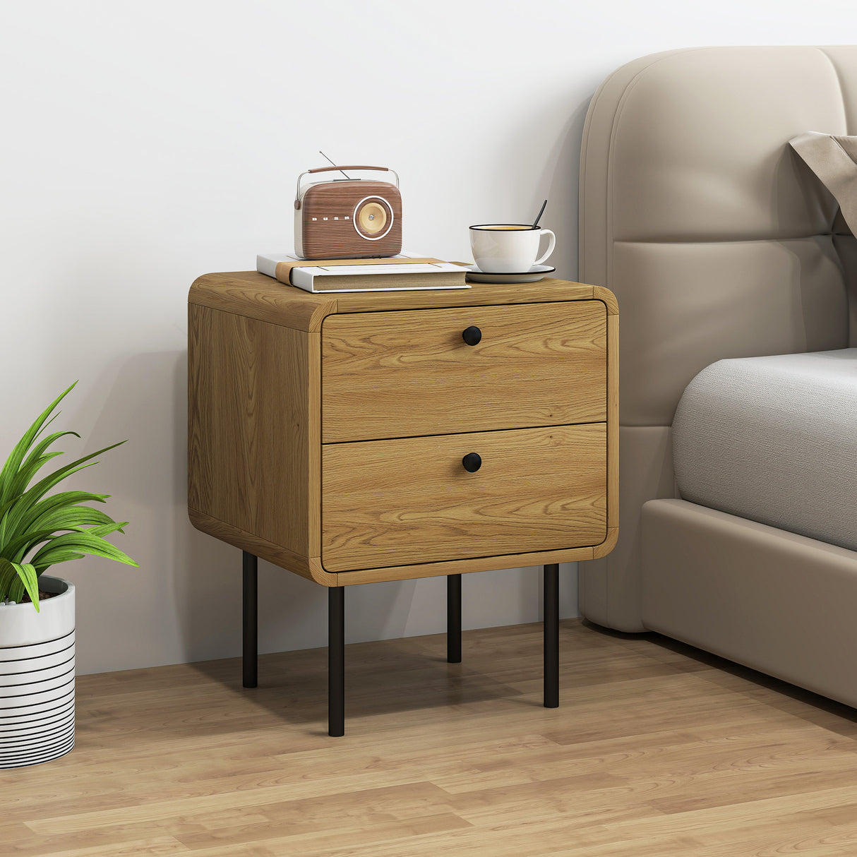 Wooden Bedside Cabinet 40cm Wide With 2 Drawers And Steel Legs - Velmora