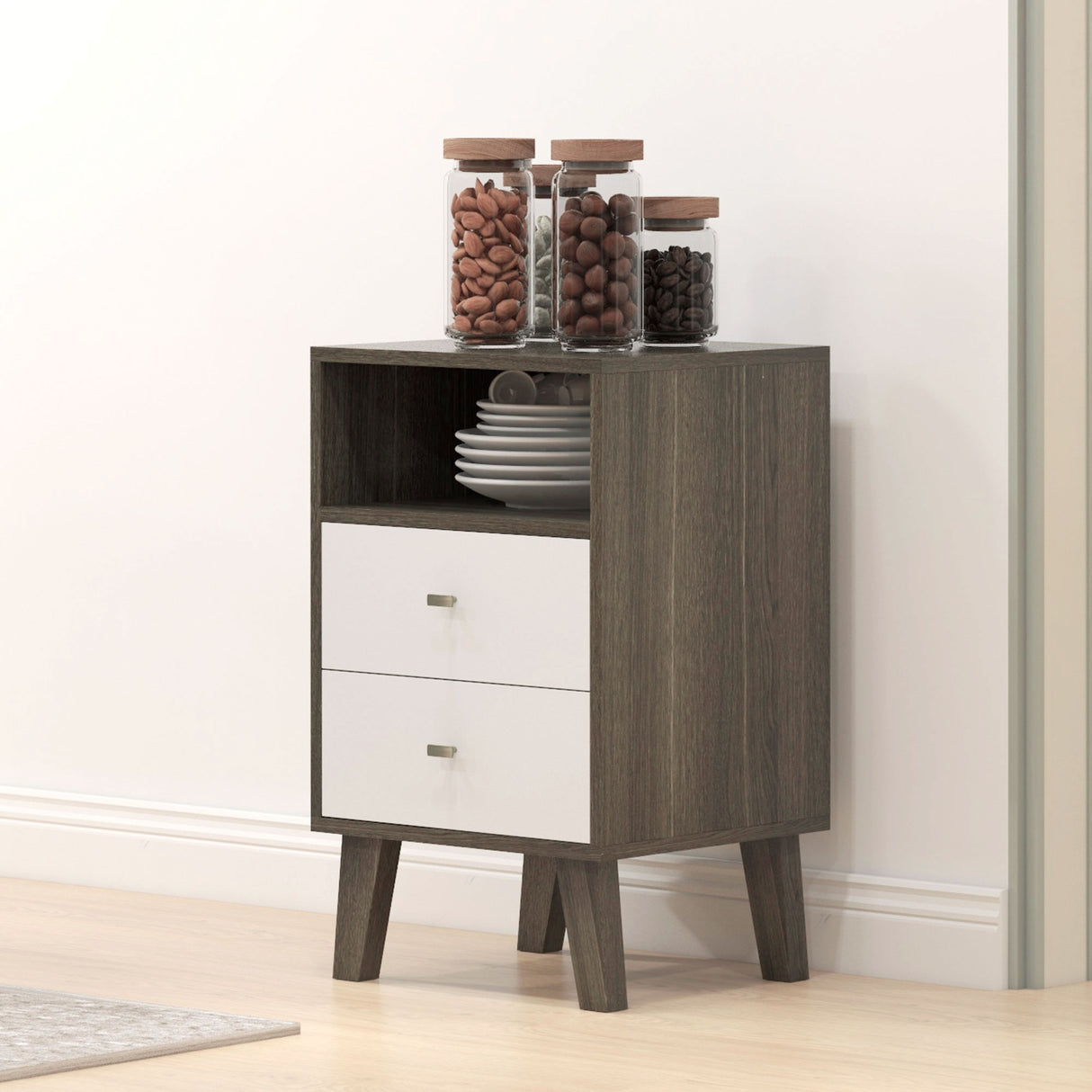Wooden Bedside Cabinet 40cm Wide With 2 Drawers in Set Of 2 - Velmora