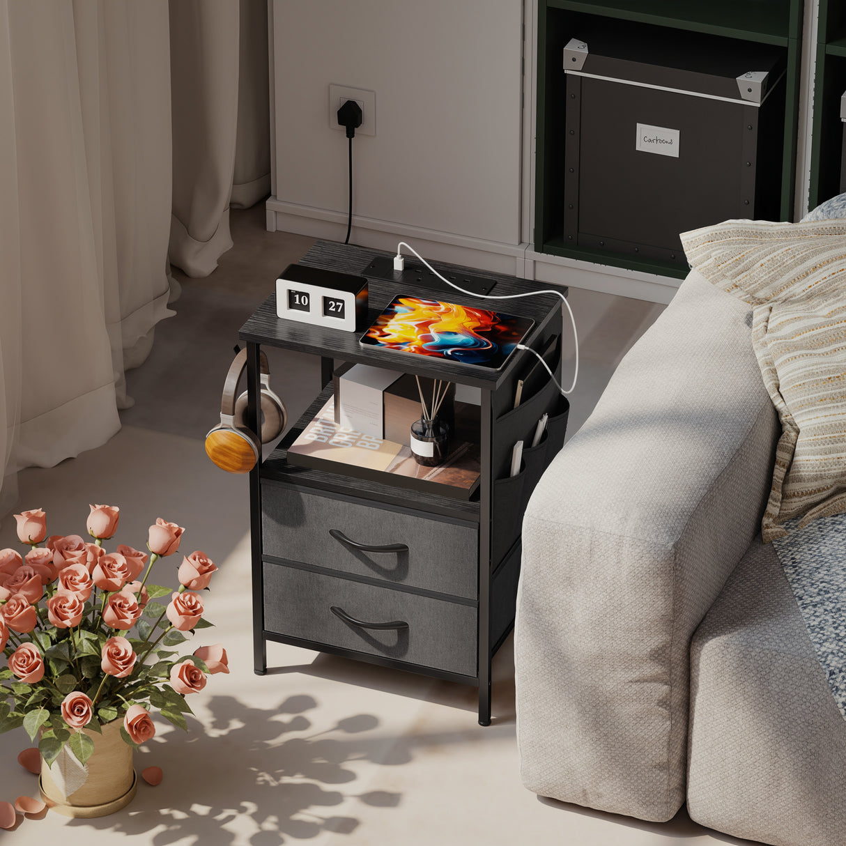 Wooden Bedside Cabinet 40cm Wide With 2 Drawers With Charging Station - Velmora