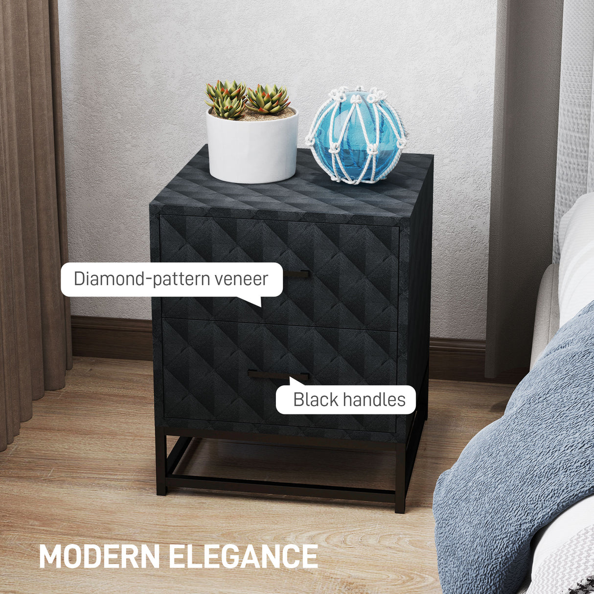 Wooden Bedside Cabinet 40cm Wide With 2 Drawers With Steel Frame - Velmora