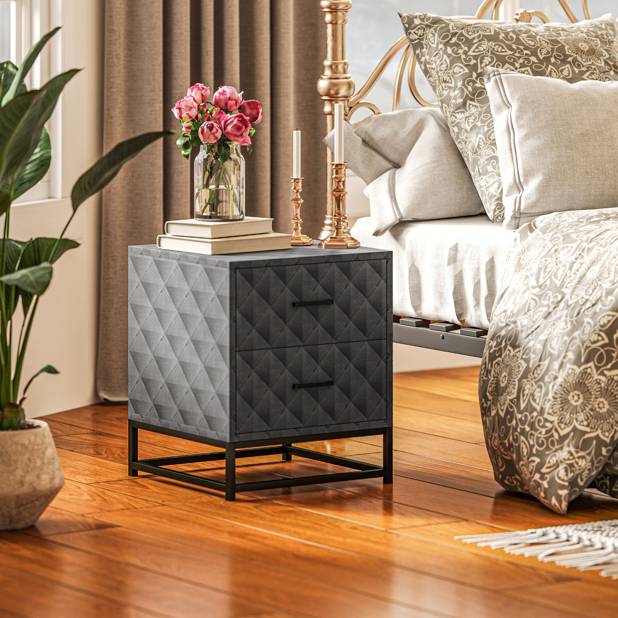 Wooden Bedside Cabinet 40cm Wide With 2 Drawers With Steel Frame - Velmora