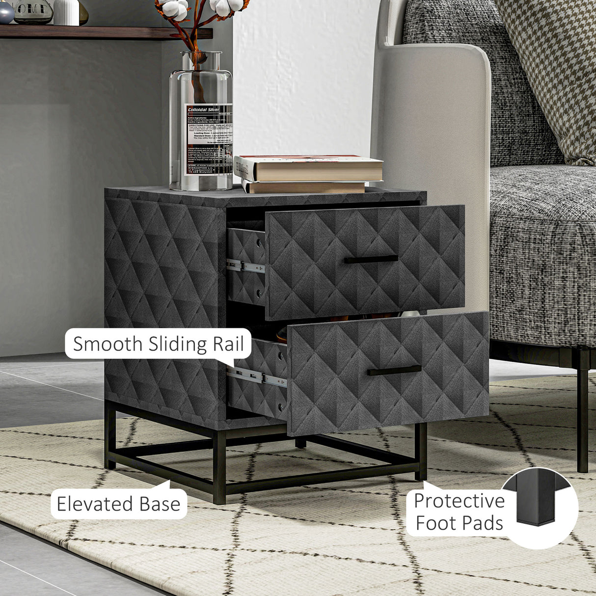 Wooden Bedside Cabinet 40cm Wide With 2 Drawers With Steel Frame - Velmora
