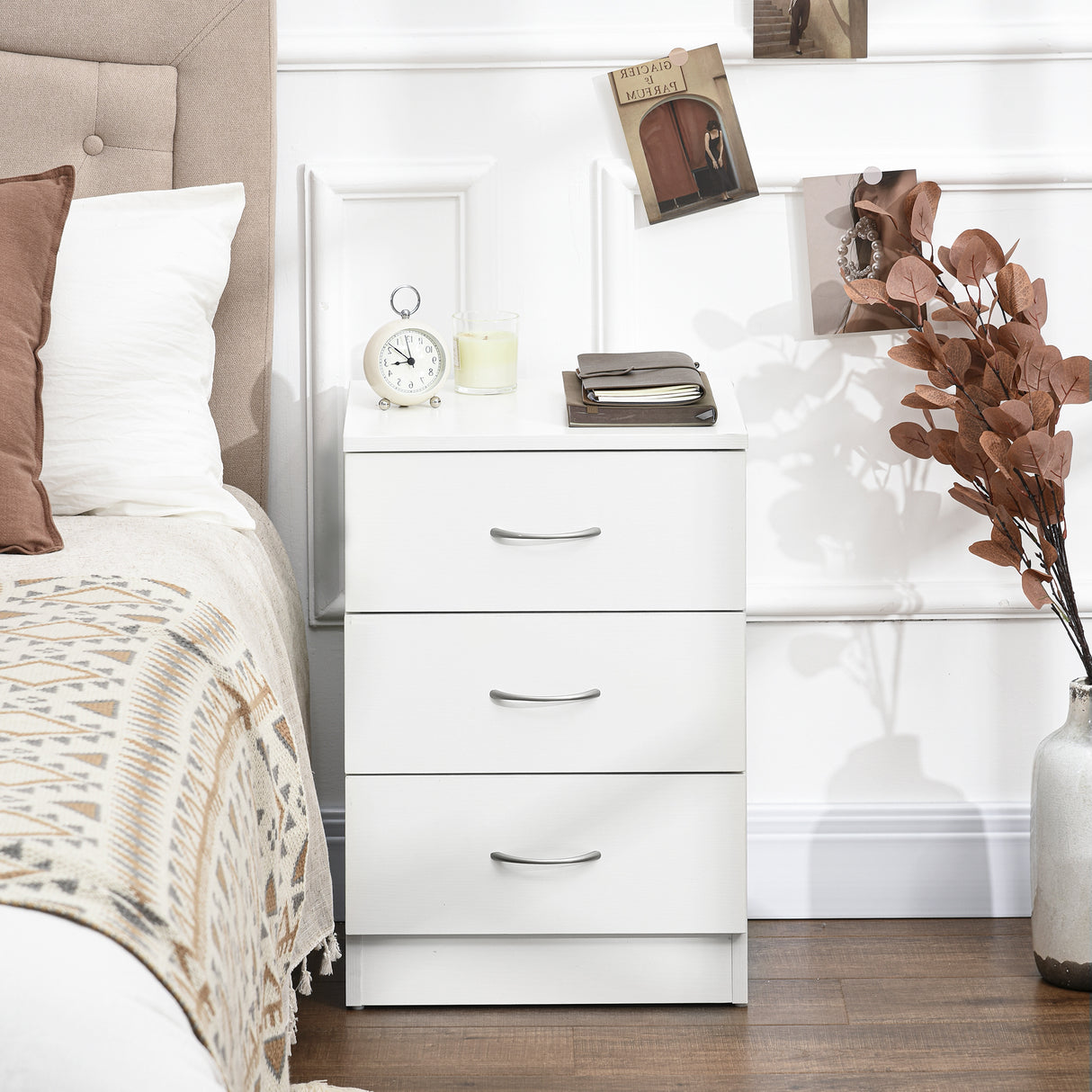 Wooden Bedside Cabinet 40cm Wide With 3 Drawers - Velmora