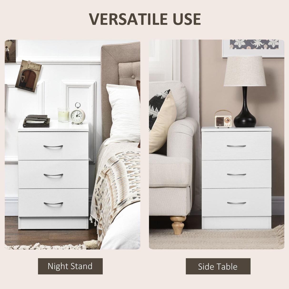 Wooden Bedside Cabinet 40cm Wide With 3 Drawers - Velmora