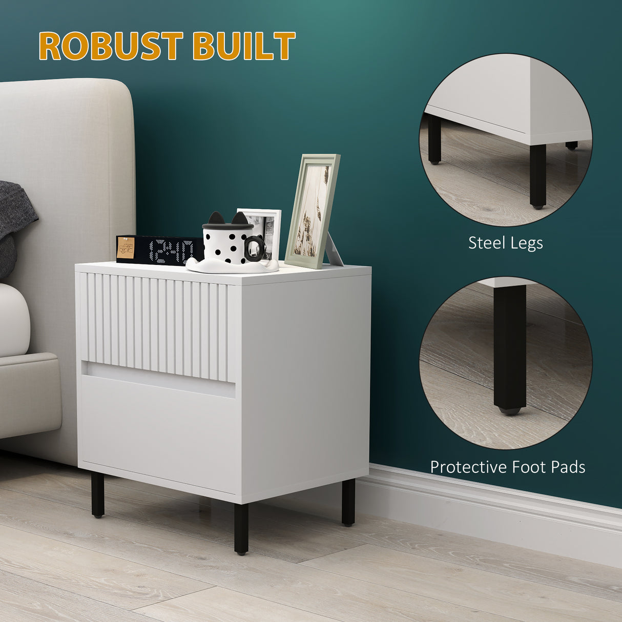 Wooden Bedside Cabinet 45cm Wide With 2 Drawers And Black Legs - Velmora