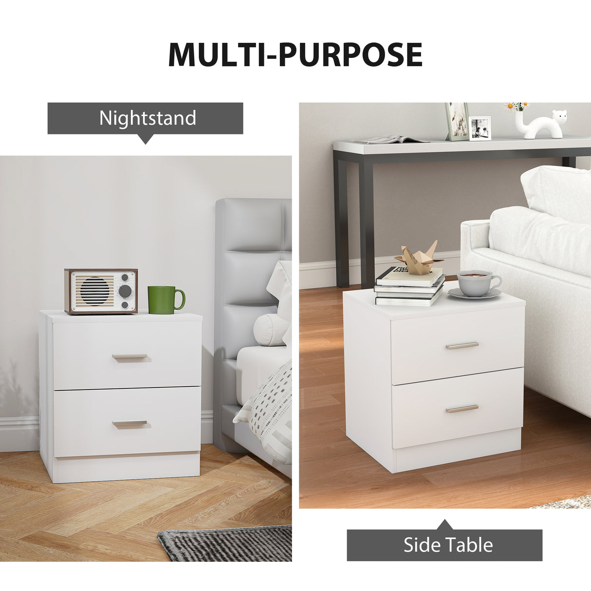 Wooden Bedside Cabinet 45cm Wide With 2 Drawers And Metal Handles - Velmora