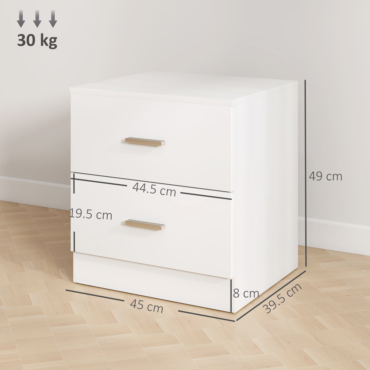 Wooden Bedside Cabinet 45cm Wide With 2 Drawers And Metal Handles - Velmora