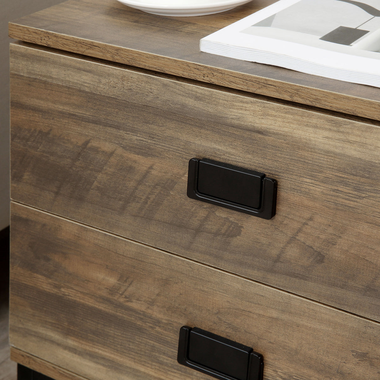 Wooden Bedside Cabinet 45cm Wide With 2 Drawers And Metal Legs - Velmora