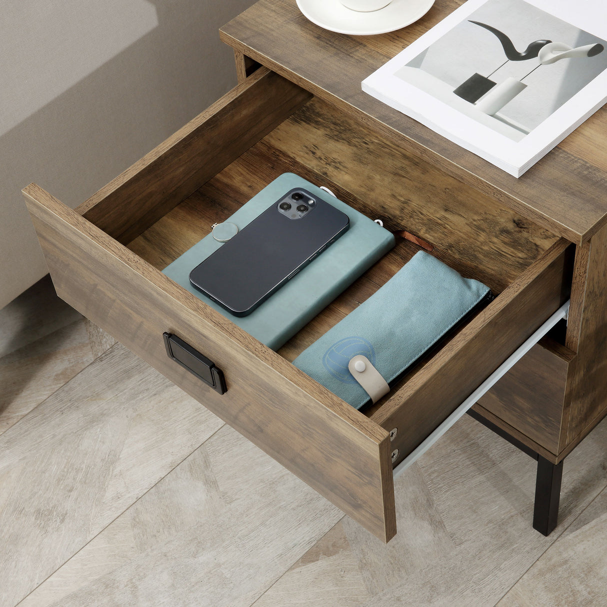 Wooden Bedside Cabinet 45cm Wide With 2 Drawers And Metal Legs - Velmora