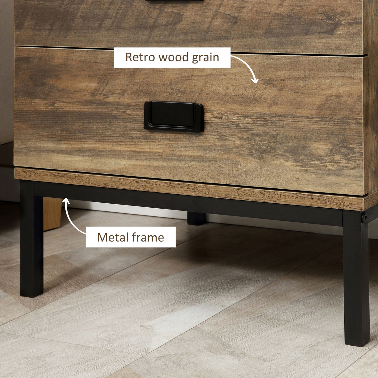 Wooden Bedside Cabinet 45cm Wide With 2 Drawers And Metal Legs - Velmora