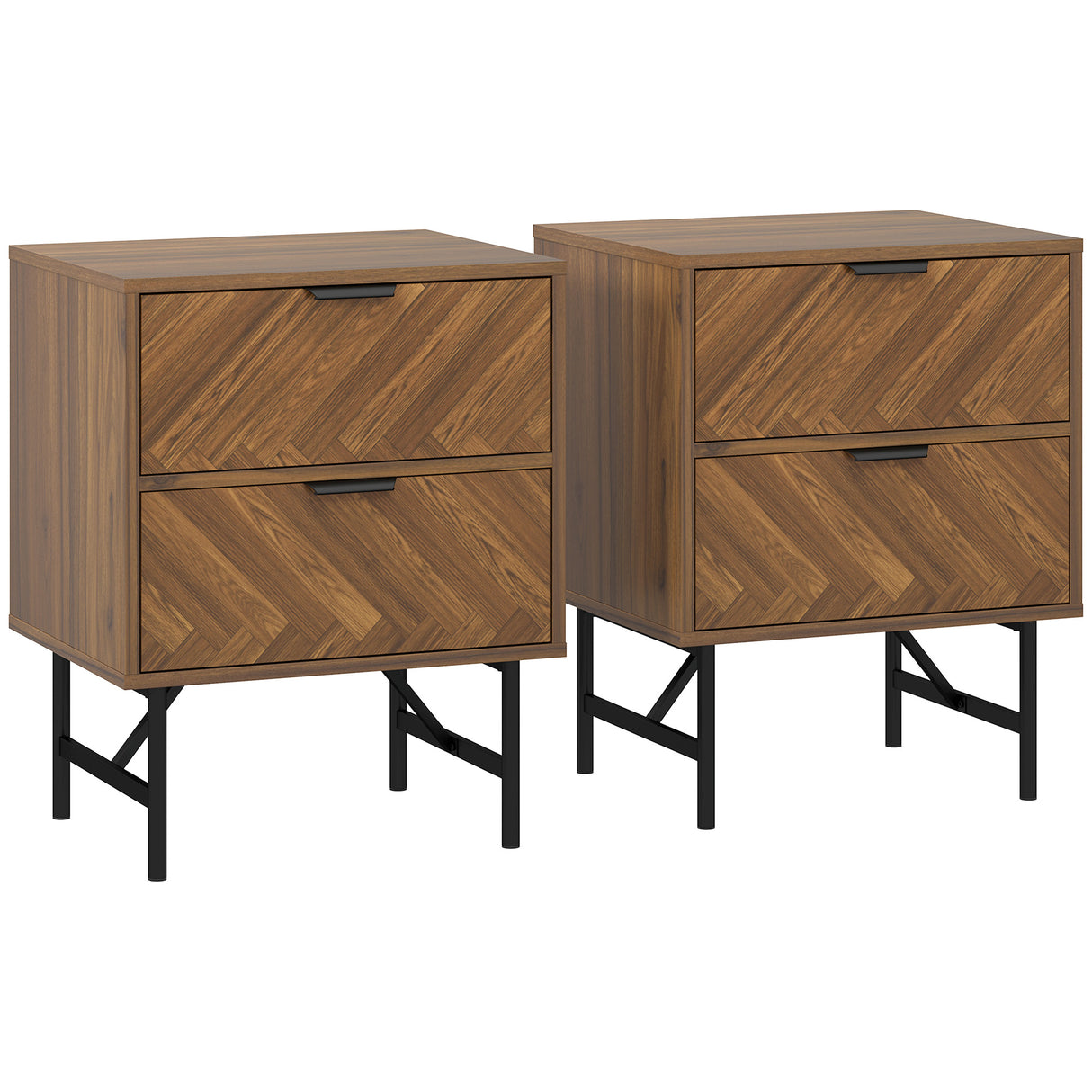 Wooden Bedside Cabinet 48cm Wide With 2 Drawers And Black Steel Frame in Set Of 2 - Velmora