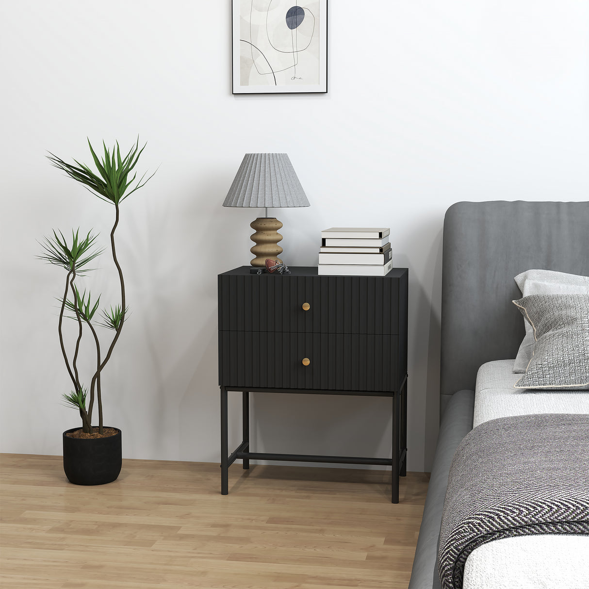Wooden Bedside Cabinet 48cm Wide With 2 Drawers And Gold Metal Frame - Velmora