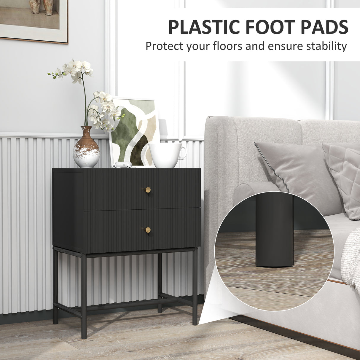 Wooden Bedside Cabinet 48cm Wide With 2 Drawers And Gold Metal Frame - Velmora