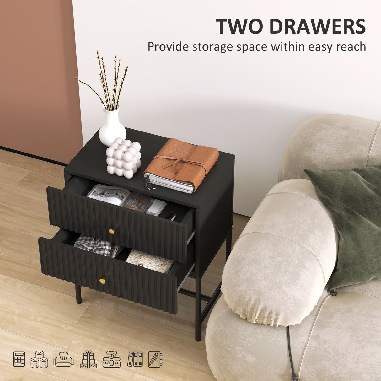 Wooden Bedside Cabinet 48cm Wide With 2 Drawers And Gold Metal Frame - Velmora