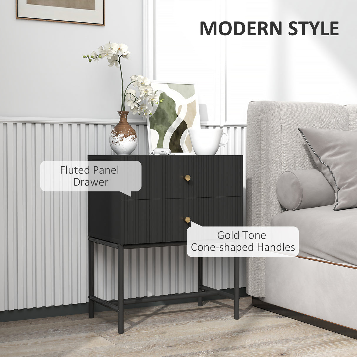 Wooden Bedside Cabinet 48cm Wide With 2 Drawers And Gold Metal Frame - Velmora