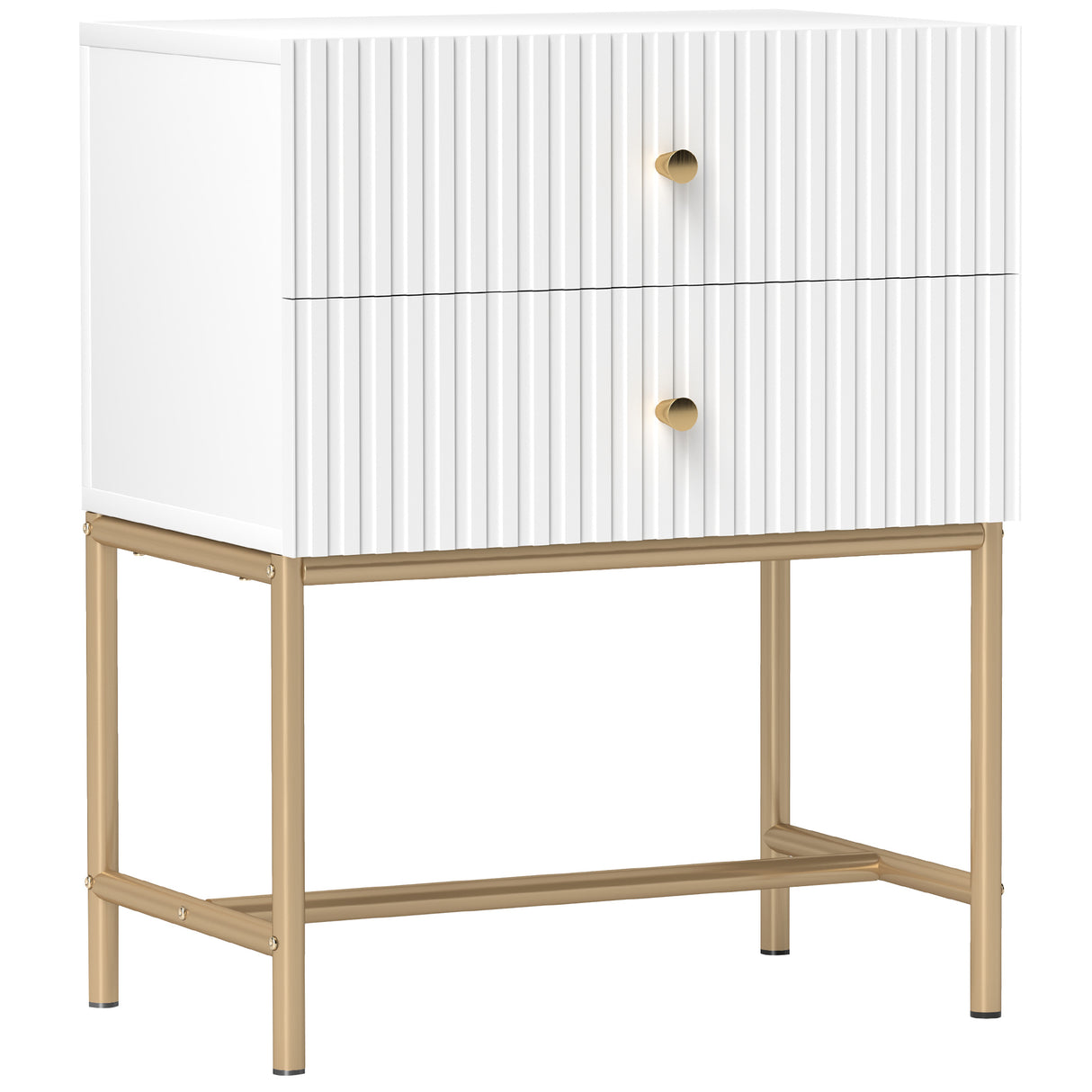 Wooden Bedside Cabinet 48cm Wide With 2 Drawers And Gold Metal Frame - Velmora