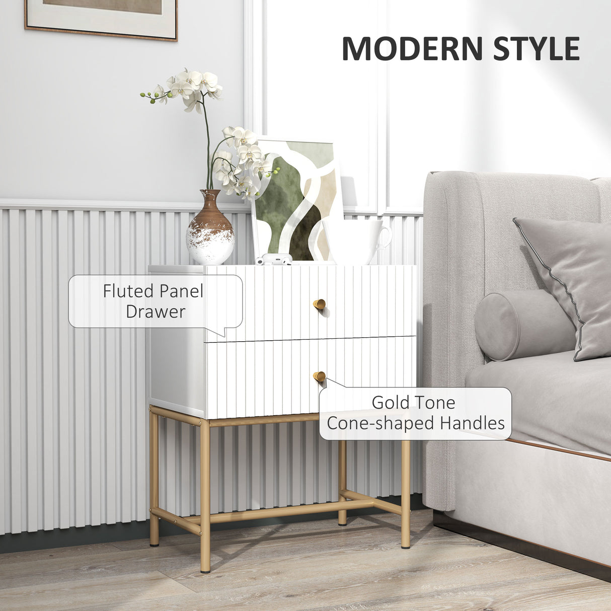 Wooden Bedside Cabinet 48cm Wide With 2 Drawers And Gold Metal Frame - Velmora