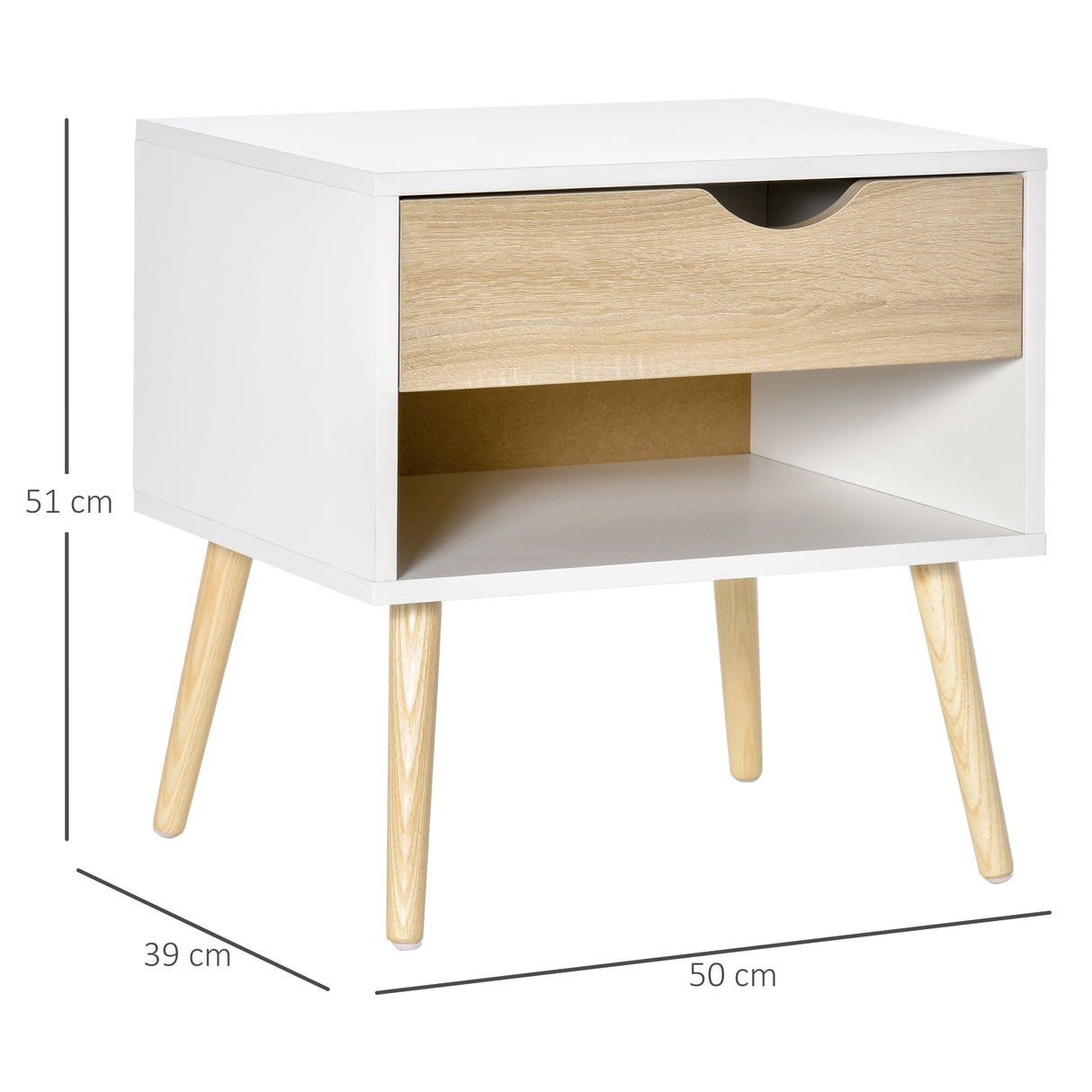 Wooden Bedside Cabinet 50cm Wide With 1 Drawer And Oak Legs - Velmora