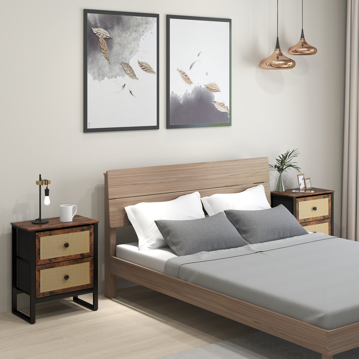 Wooden Bedside Cabinet 50cm Wide With 2 Drawers in Set Of 2 - Velmora