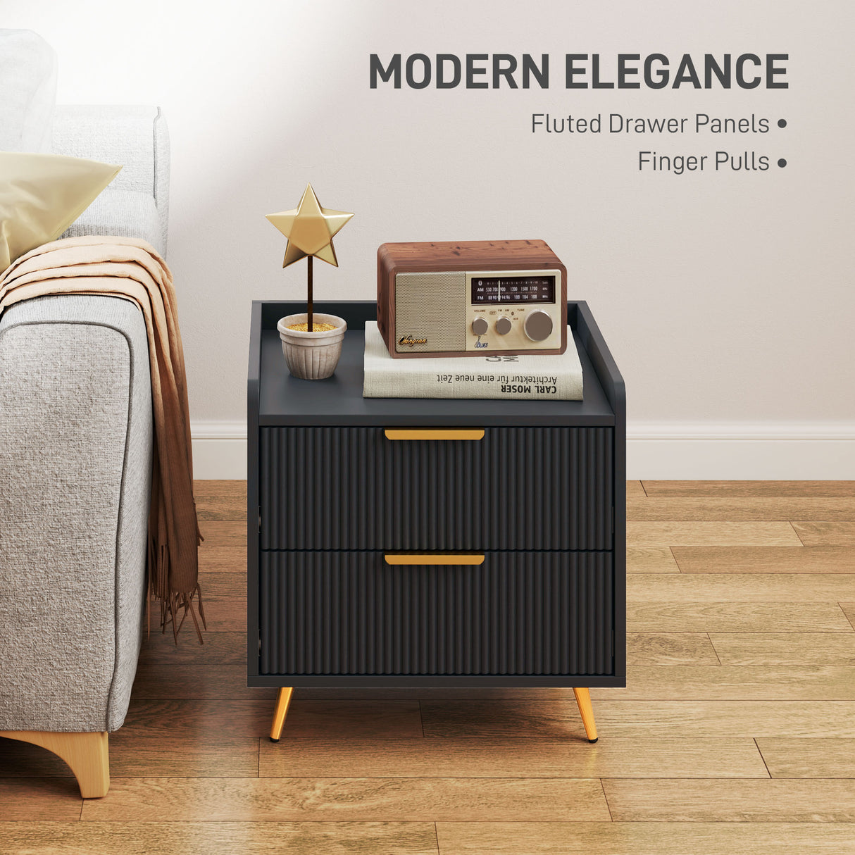 Wooden Bedside Cabinet 50cm Wide With 2 Drawers - Velmora