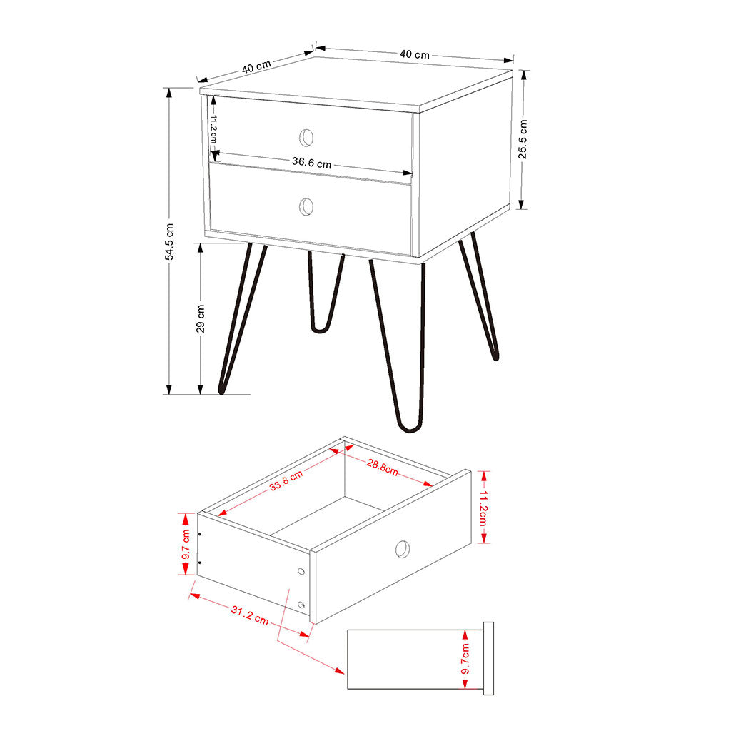 Wooden Bedside Cabinet With 2 Drawers And Metal Legs - Options