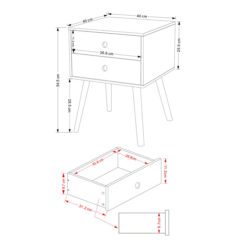 Wooden Bedside Cabinet With 2 Drawers And Wooden Legs - Options