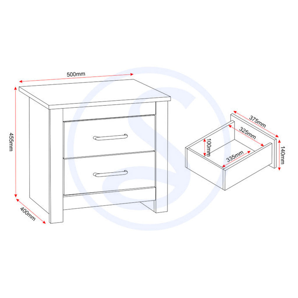 Wooden Bedside Cabinet With 2 Drawers - Portland