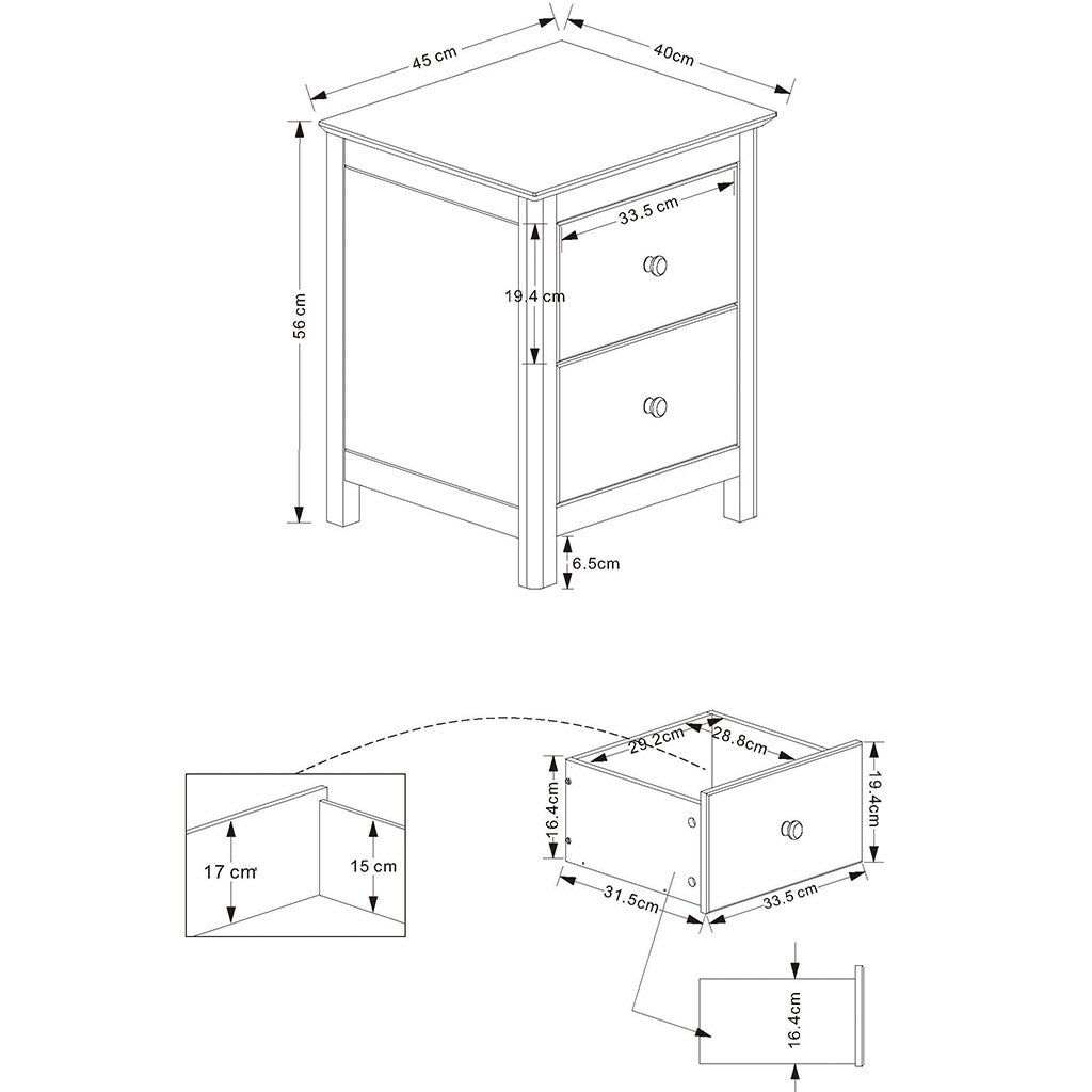 Wooden Bedside Cabinet With 2 Drawers Wide - Nairn