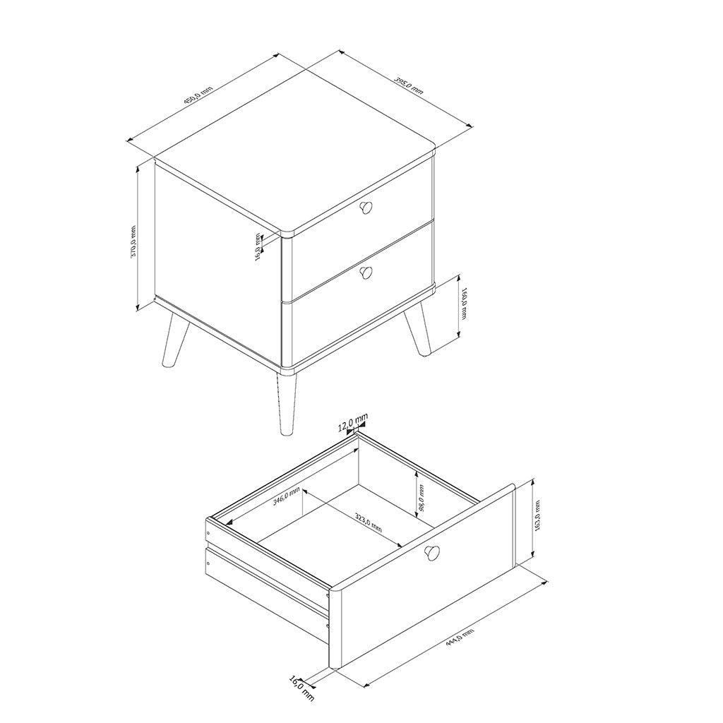 Wooden Bedside Cabinet With 2 Drawers With Plastic Legs - Augusta
