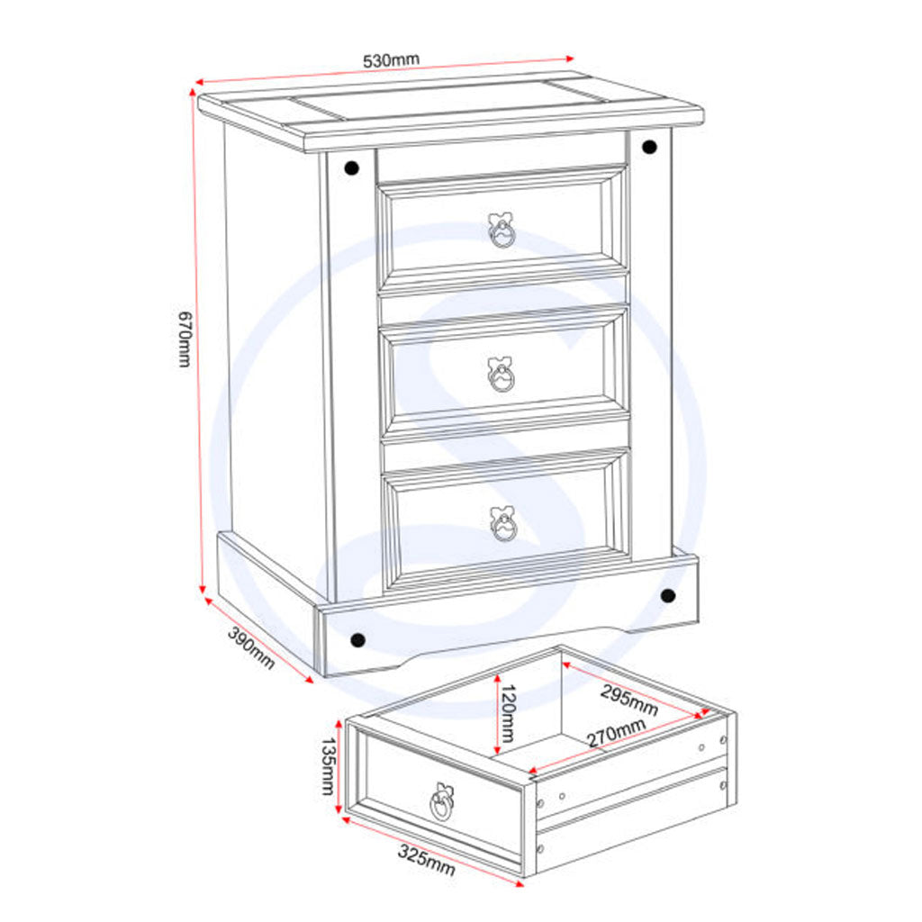 Wooden Bedside Cabinet With 3 Drawers - Corona