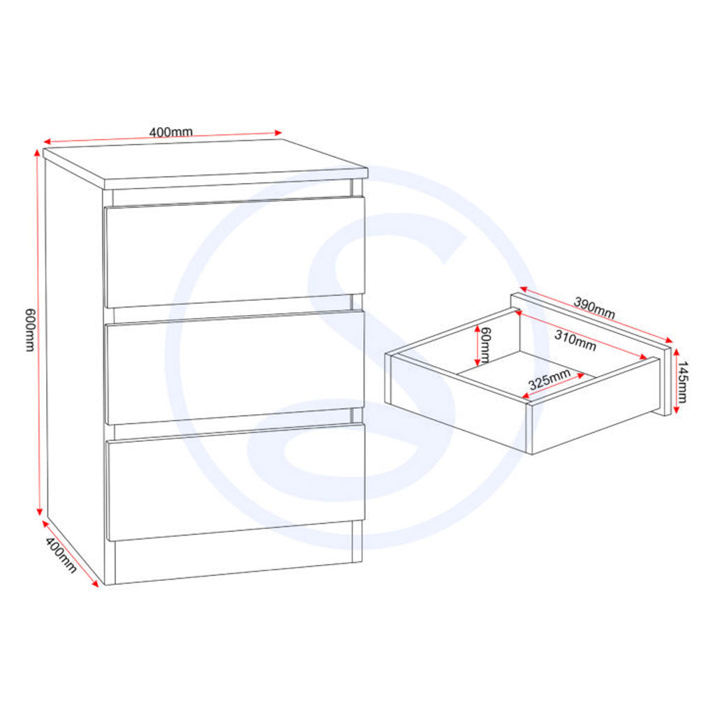 Wooden Bedside Cabinet With 3 Drawers - Malvern