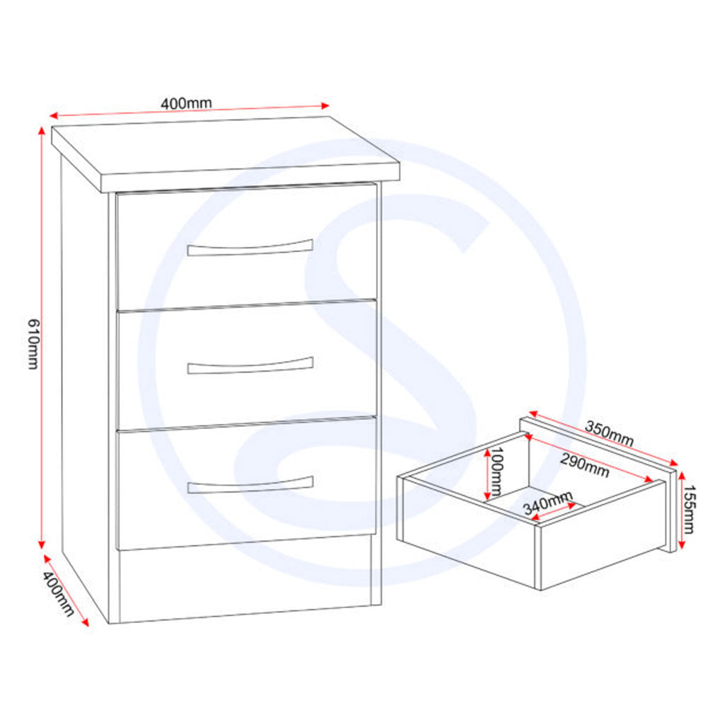 Wooden Bedside Cabinet With 3 Drawers - Nevada