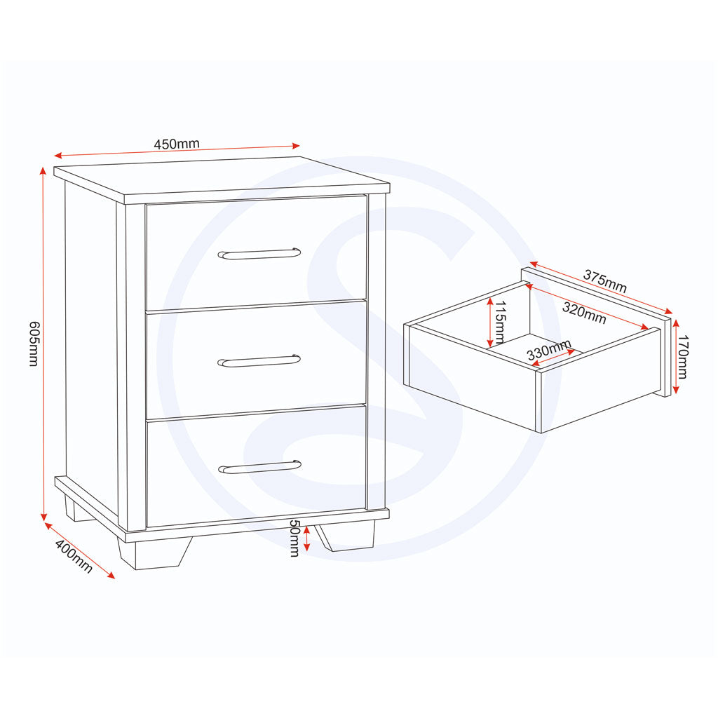 Wooden Bedside Cabinet With 3 Drawers - Oliver