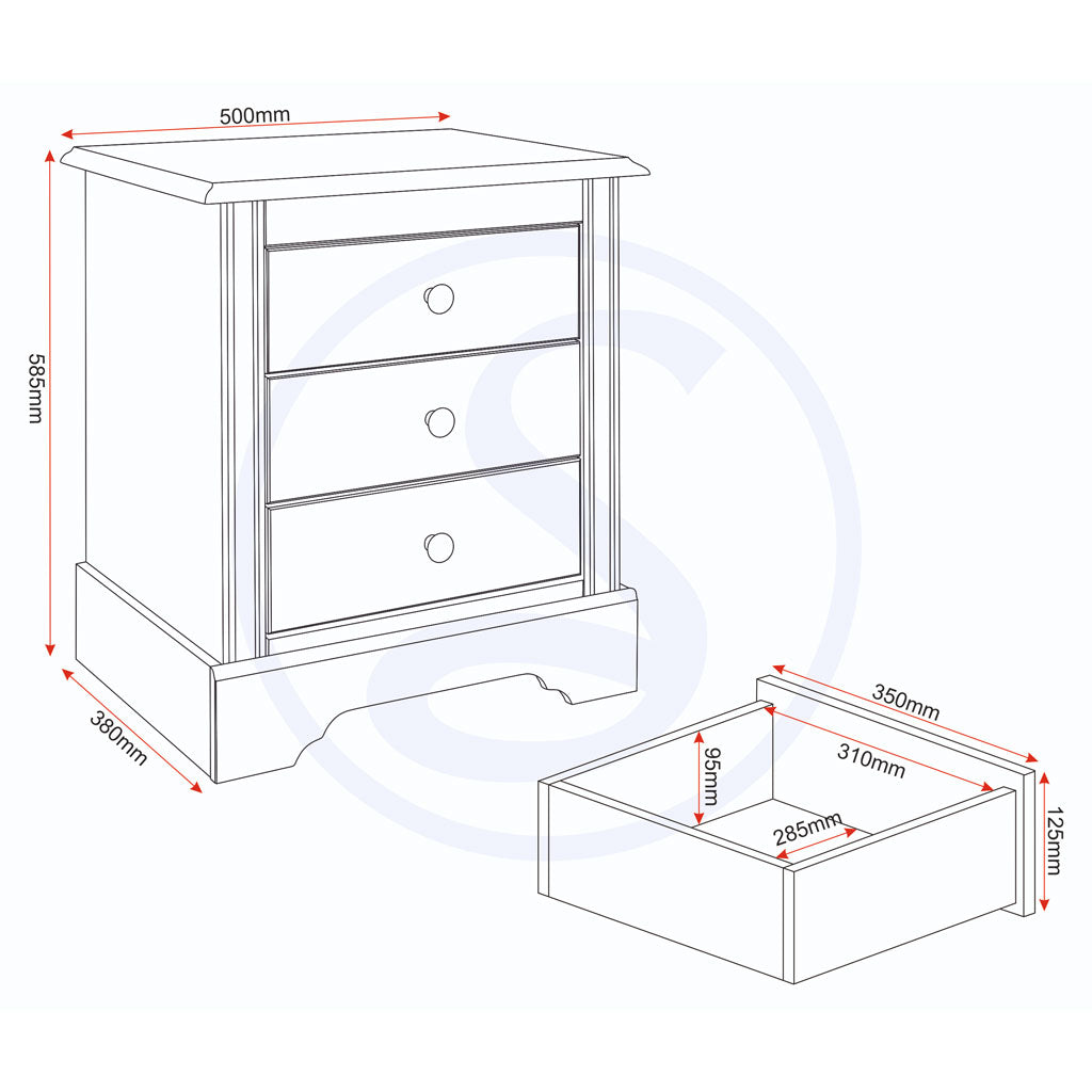 Wooden Bedside Cabinet With 3 Drawers - Stratford