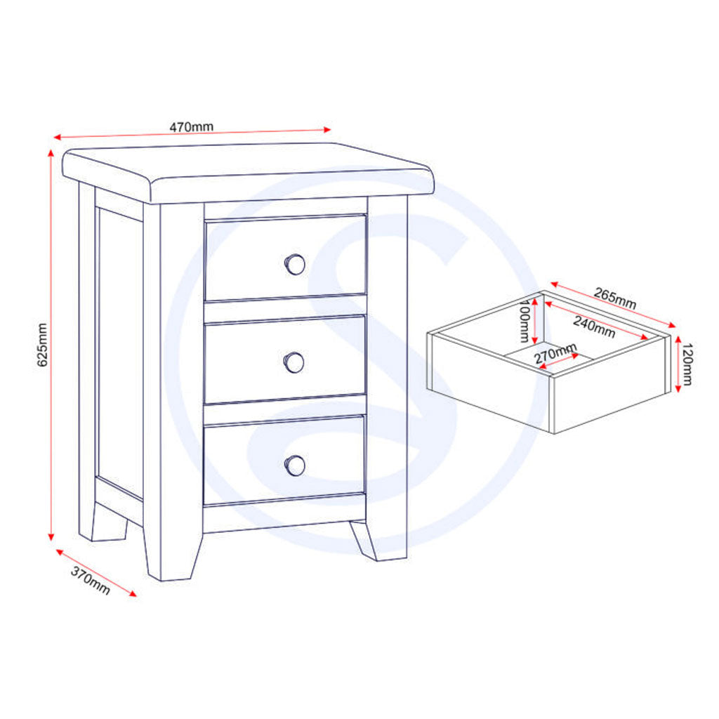 Wooden Bedside Cabinet With 3 Drawers - Windsor