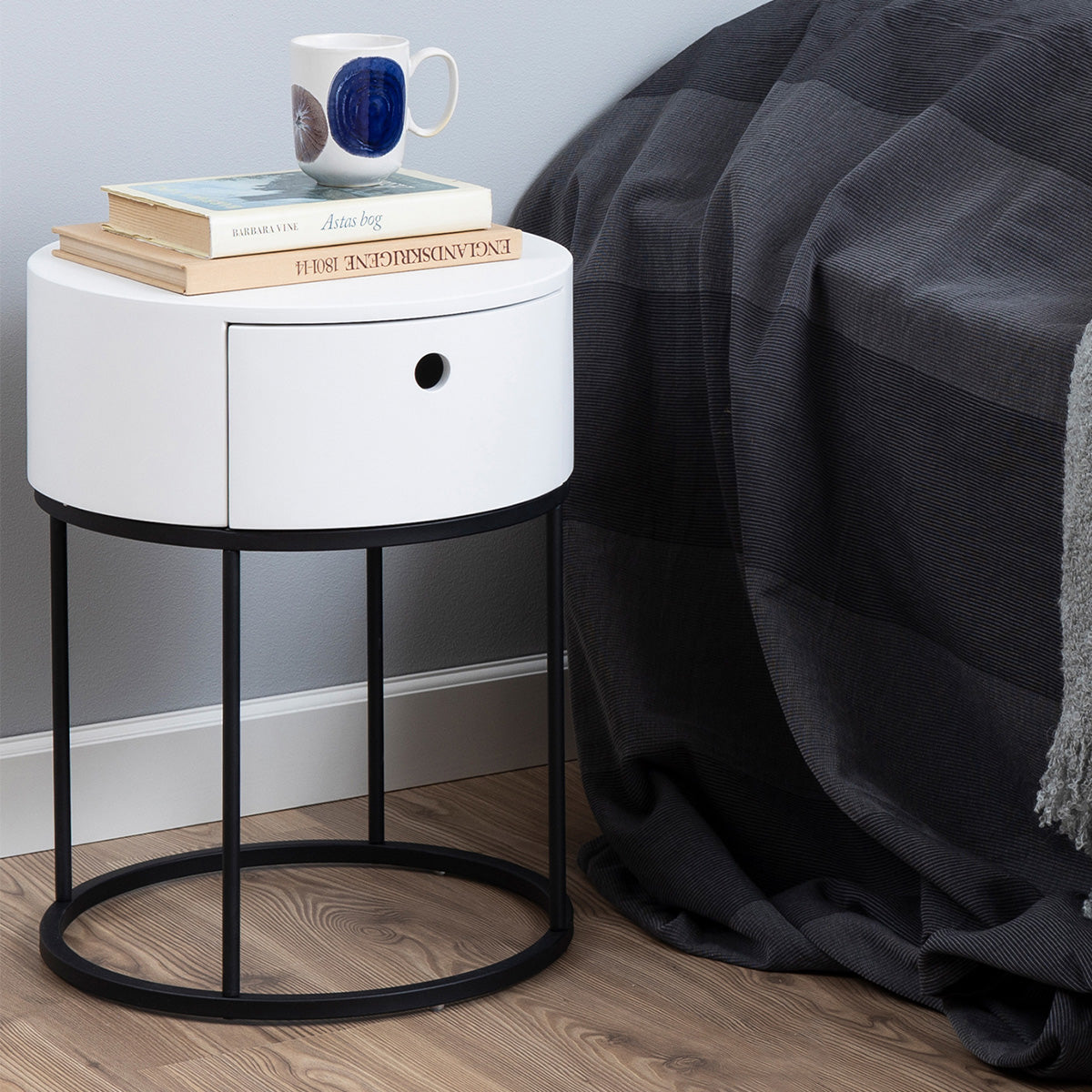 Wooden Bedside Table Round With 1 Drawer - Polo