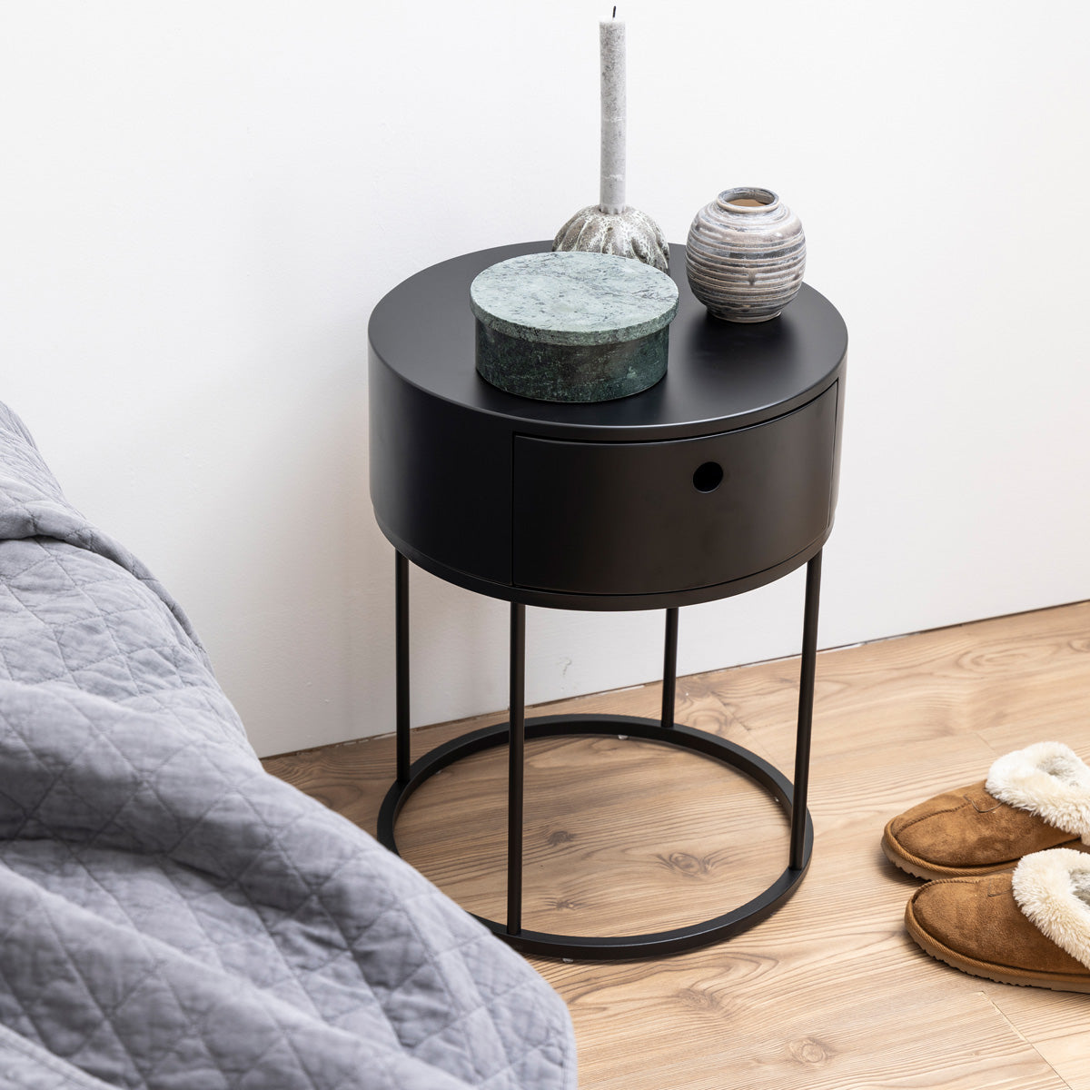 Wooden Bedside Table Round With 1 Drawer - Polo